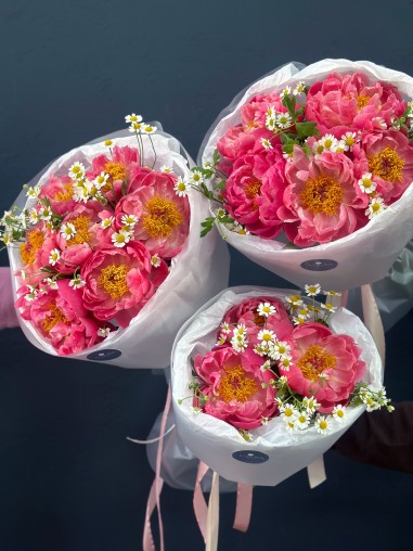 Букет из коралловых пионов и кустовой ромашки