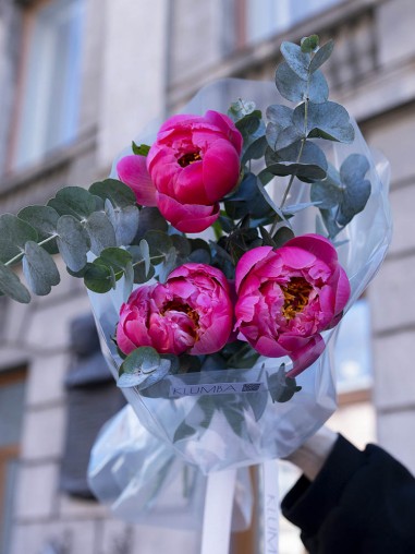 Букет из 3 пионов и эвкалипта 