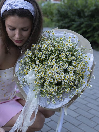 25 кустовых ромашек в оформлении 