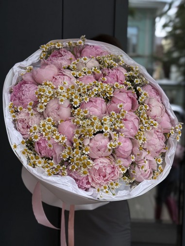 Букет 25 пионов с ромашками